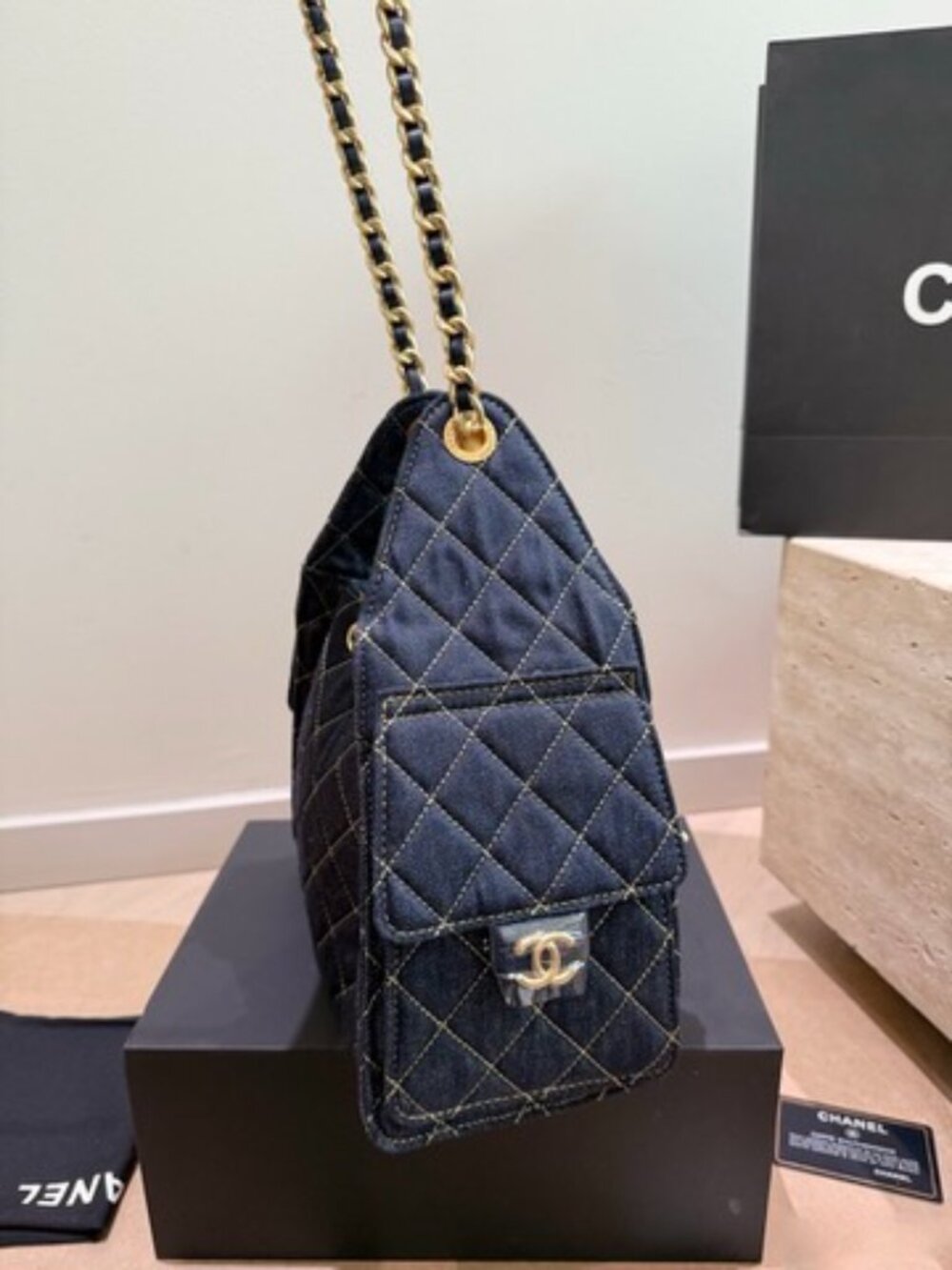 Luxury 25C Hobo Bucket Bag 26cm Quilted Denim Drawstring Shoulder Bag - Picture 8 of 9